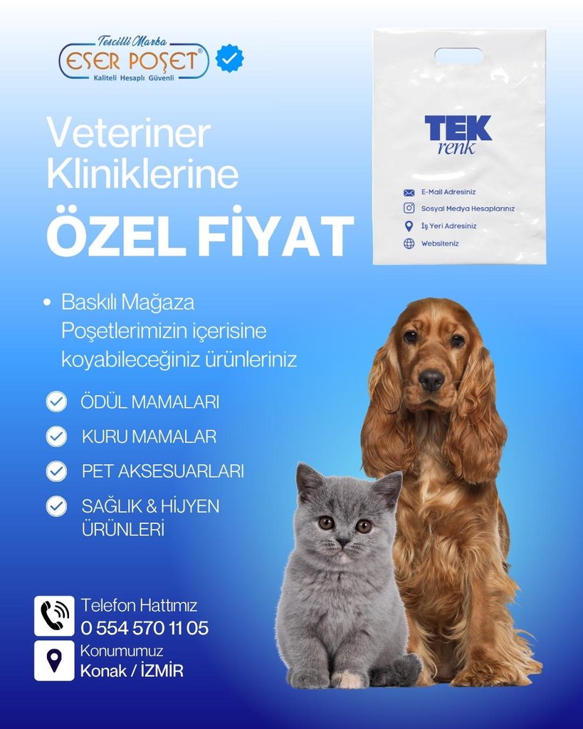 Pet İzmir Fuarı 2027 yılında gerçekleştirilecek. Veteriner Klinikleri ve patili dostlarımız için ürün geliştiren firmalar fuarda olacak. Markanızın mobil reklam aracı olan baskılı poşetlerinizi Eser Poşet'ten sipariş edebilirsiniz.